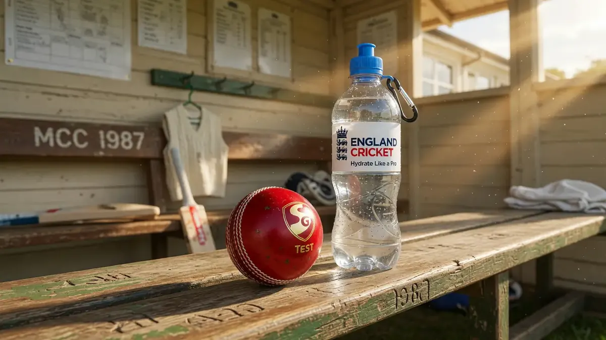 Cricket ball and water bottle on a wooden bench