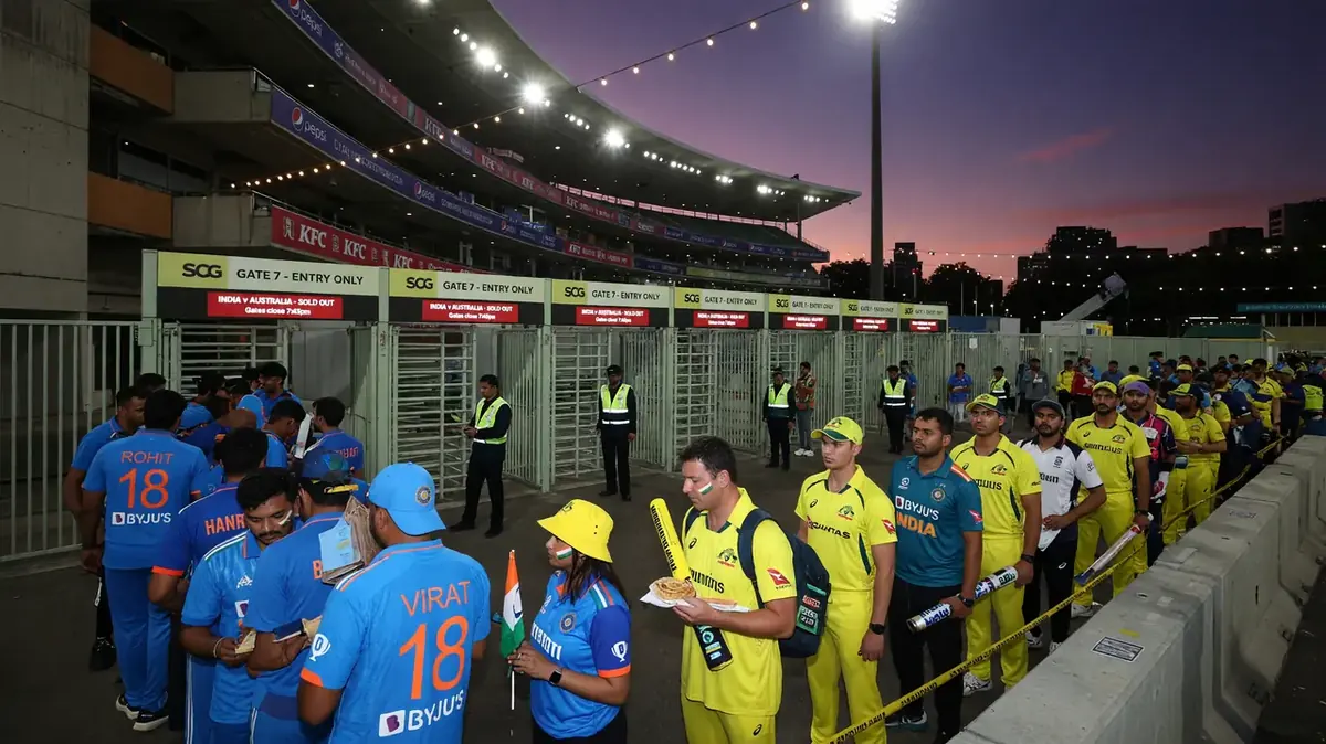 Cricket fans queued at a stadium turnstile