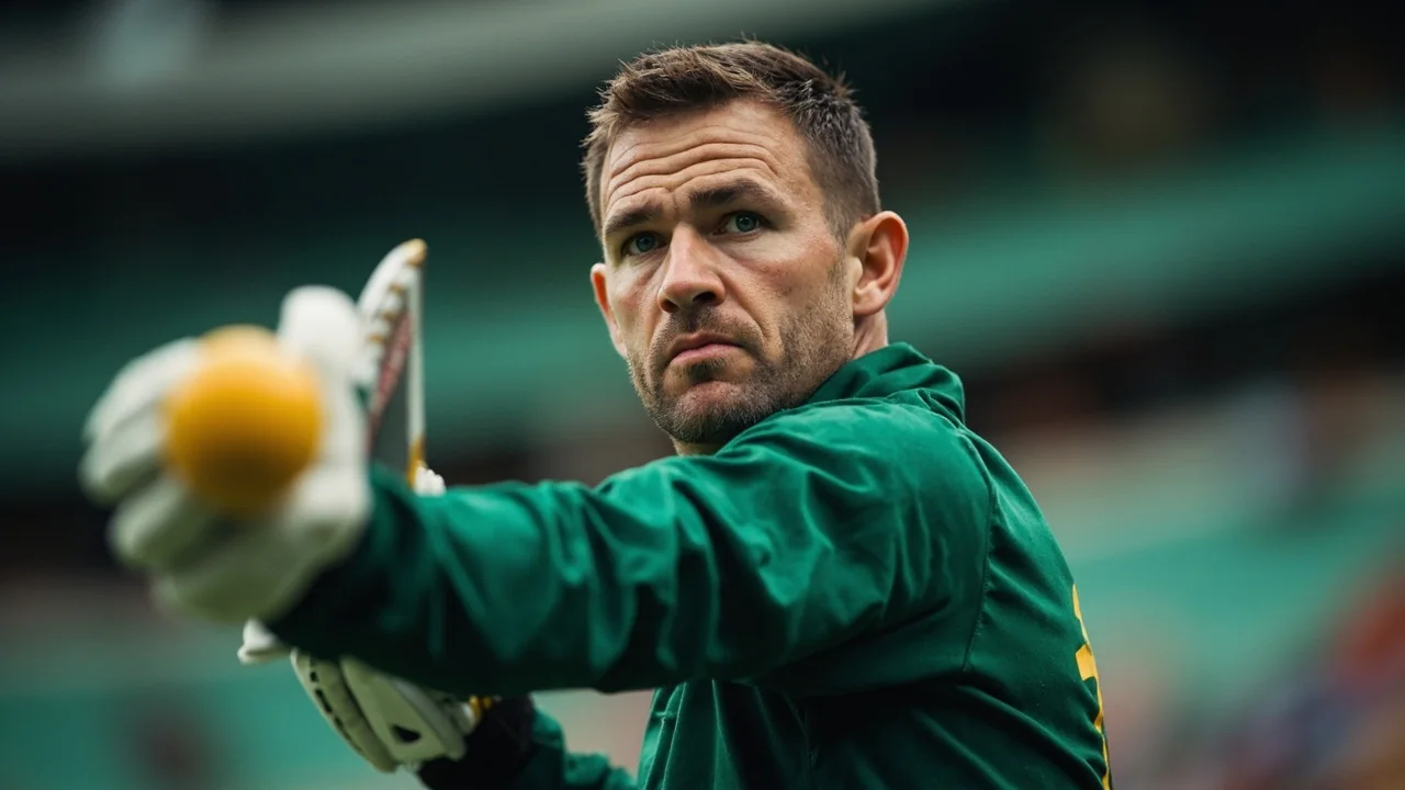 Close view of a cricket player in match kit during a quiet moment on the field