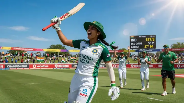 Female cricketer celebrating a wicket with arms raised