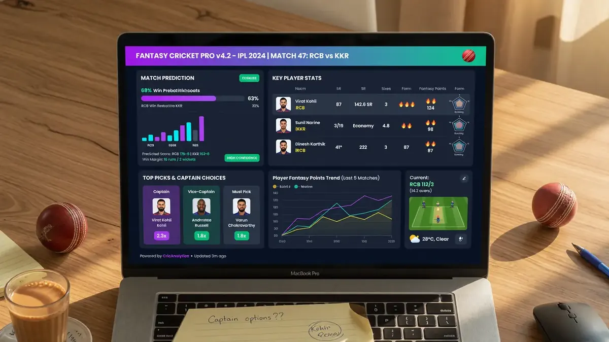 Laptop showing a fantasy research dashboard