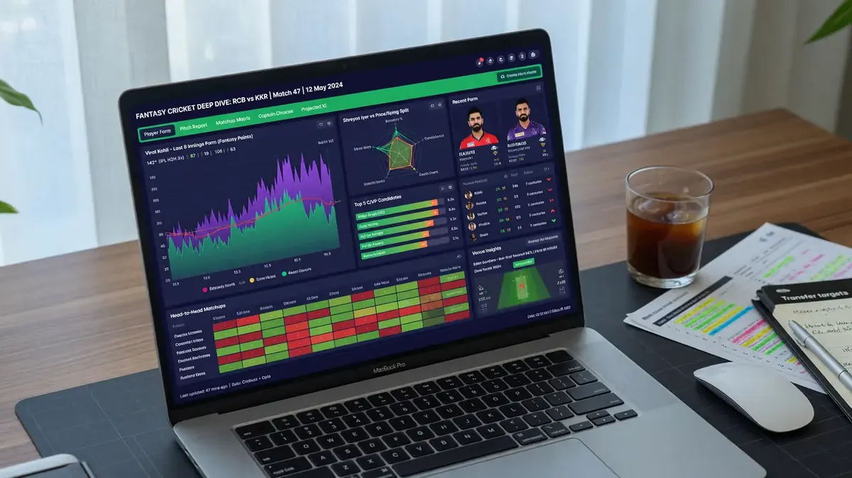 Laptop showing a deep-dive fantasy analysis dashboard