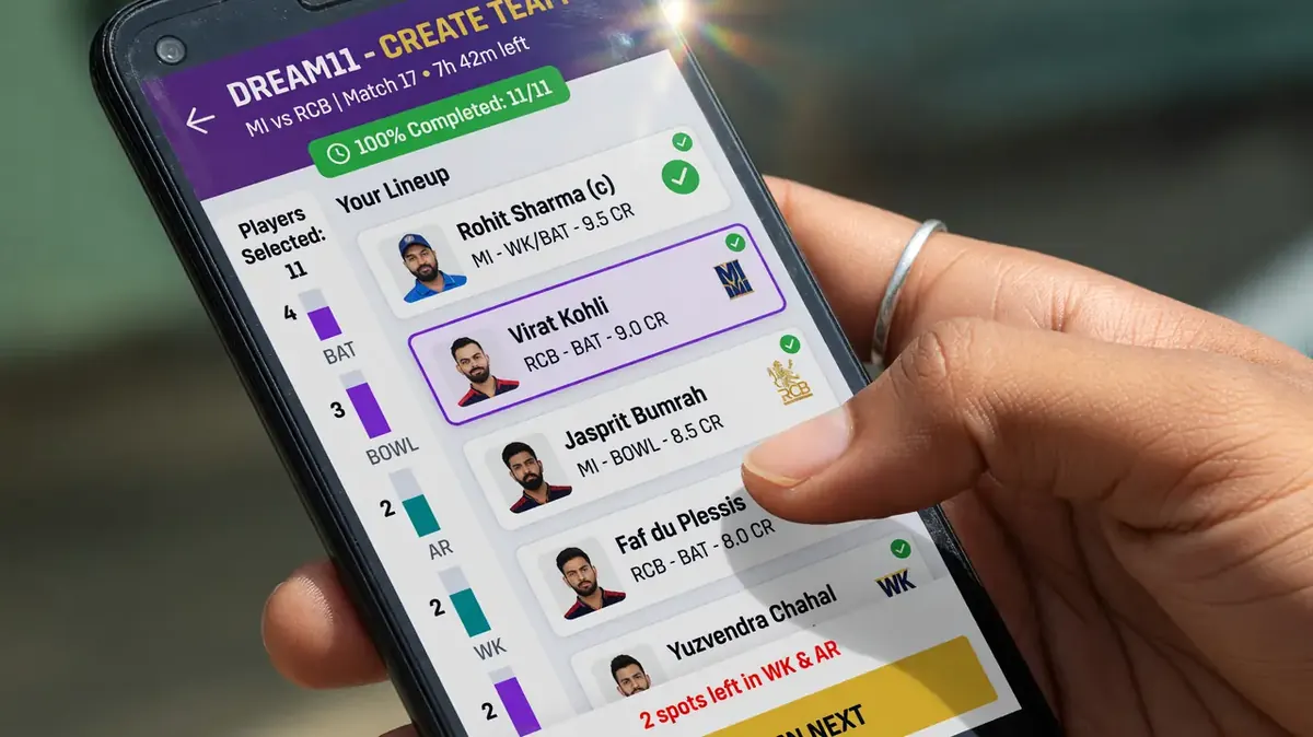 Smartphone showing a fantasy sports lineup on screen