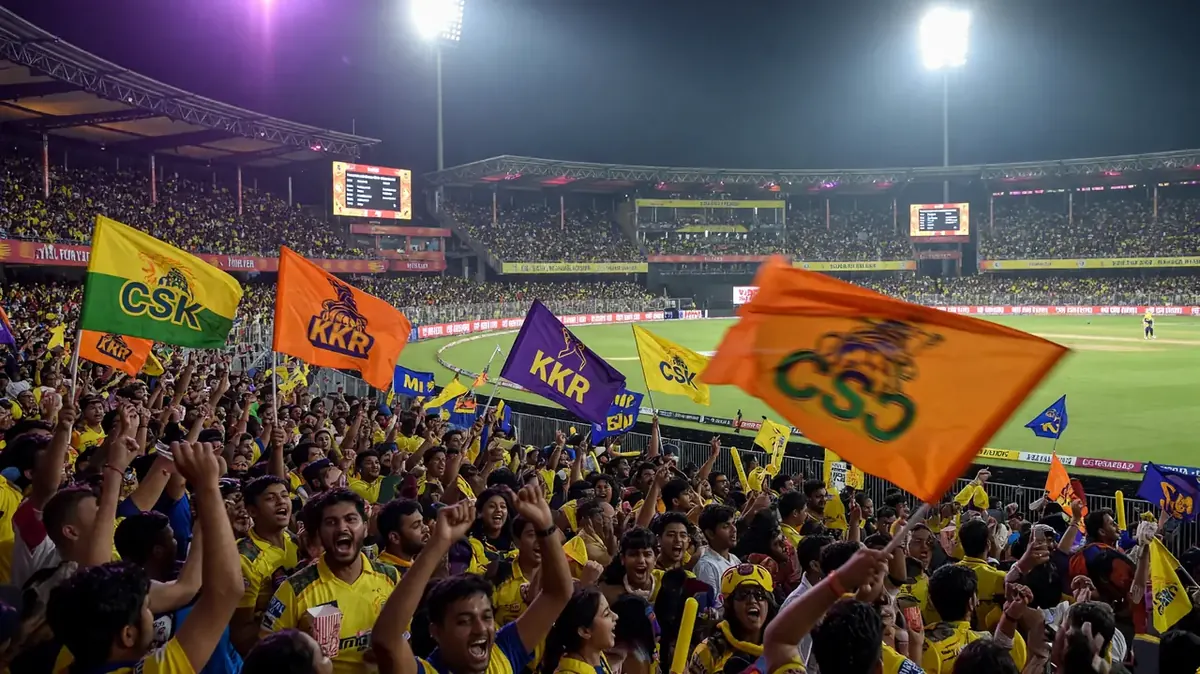 Cricket stadium crowd waving flags in support