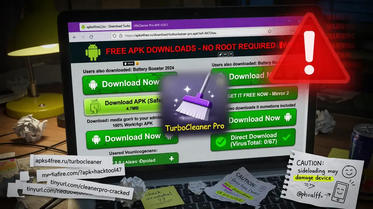 Laptop showing a third-party APK download page with multiple suspicious download buttons