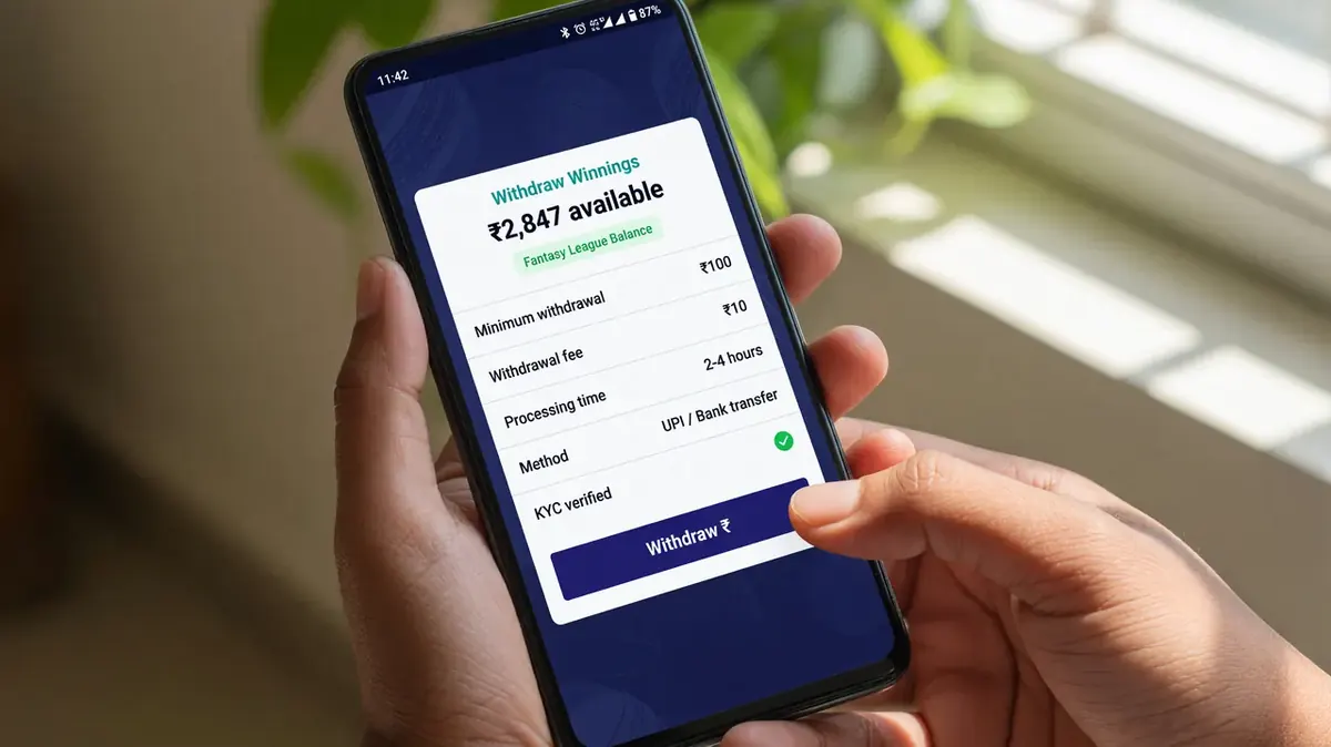 Smartphone showing a fantasy wallet withdrawal screen with minimum, fee, processing time and method listed